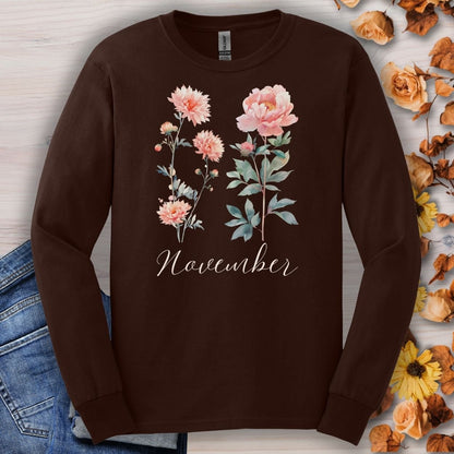 November Birth Month Flower Long Sleeve Tee — Chrysanthemum & Peony