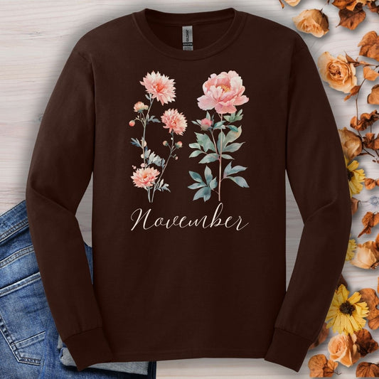 November Birth Month Flower Long Sleeve Tee — Chrysanthemum & Peony