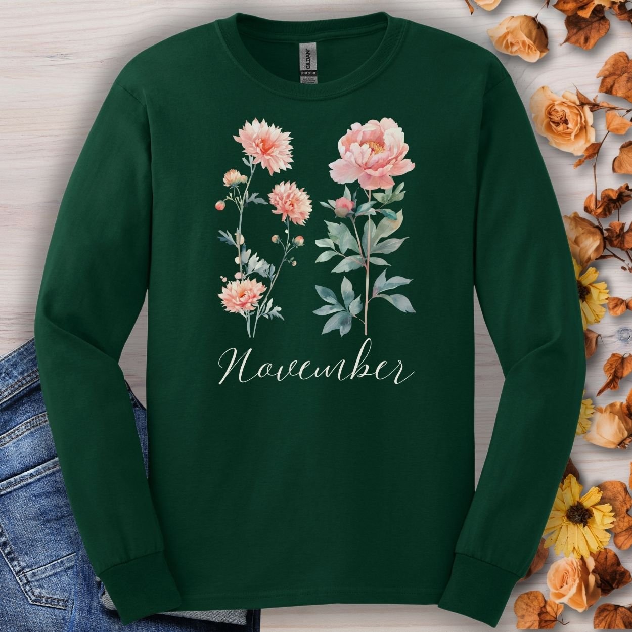 November Birth Month Flower Long Sleeve Tee — Chrysanthemum & Peony