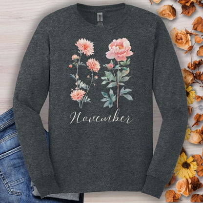 November Birth Month Flower Long Sleeve Tee — Chrysanthemum & Peony