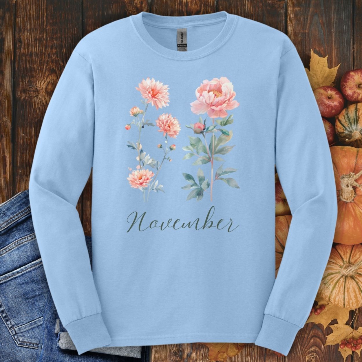 November Birth Month Flower Long Sleeve Tee — Chrysanthemum & Peony