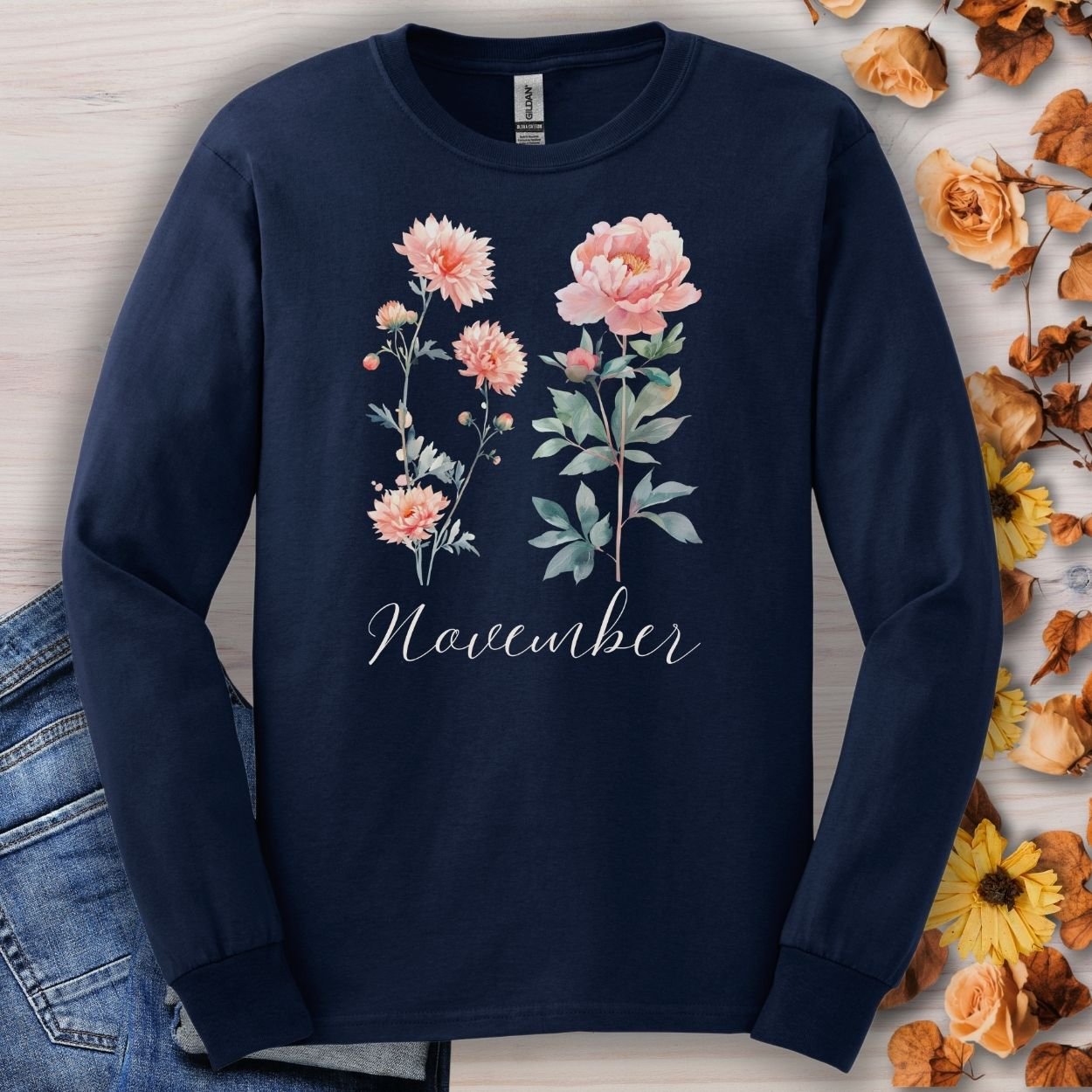 November Birth Month Flower Long Sleeve Tee — Chrysanthemum & Peony
