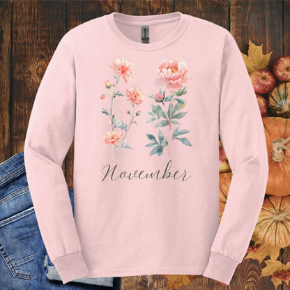 November Birth Month Flower Long Sleeve Tee — Chrysanthemum & Peony