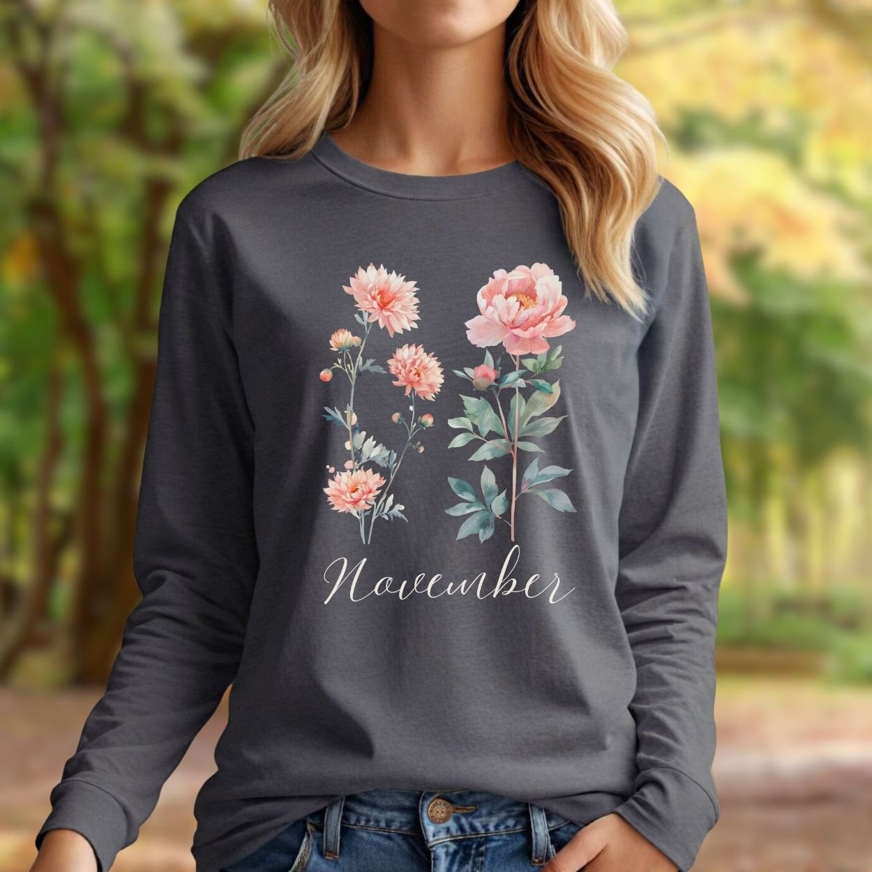 November Birth Month Flower Long Sleeve Tee — Chrysanthemum & Peony