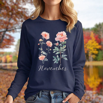 November Birth Month Flower Long Sleeve Tee — Chrysanthemum & Peony
