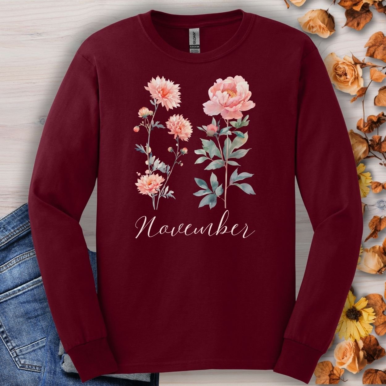 November Birth Month Flower Long Sleeve Tee — Chrysanthemum & Peony