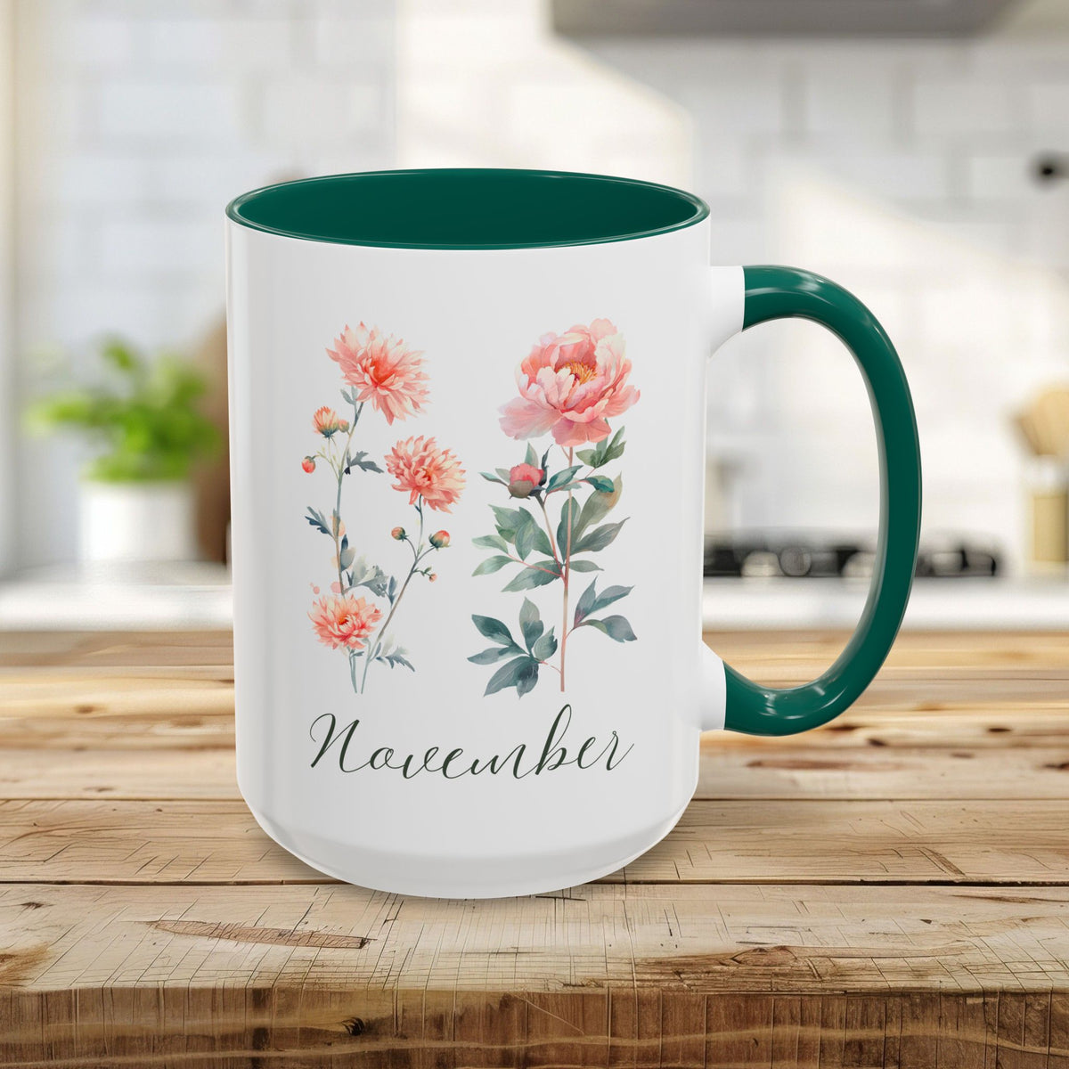 15oz ceramic mug with green handle/interior and watercolor November chrysanthemum and peony design.
