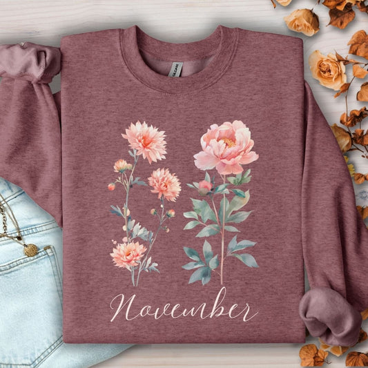 November Birth Month Flower Sweatshirt — Chrysanthemum & Peony