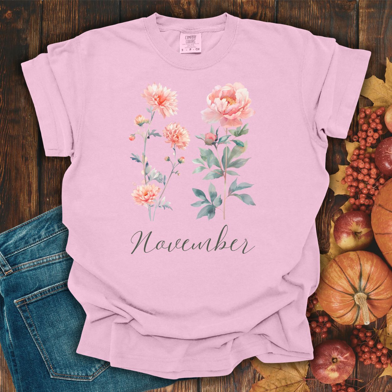 November Birth Month Flower T-Shirt — Chrysanthemum & Peony