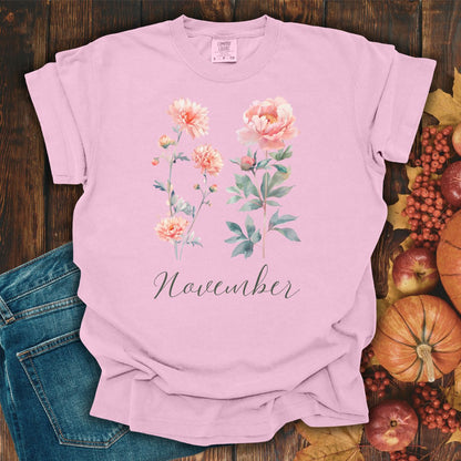 November Birth Month Flower T-Shirt — Chrysanthemum & Peony