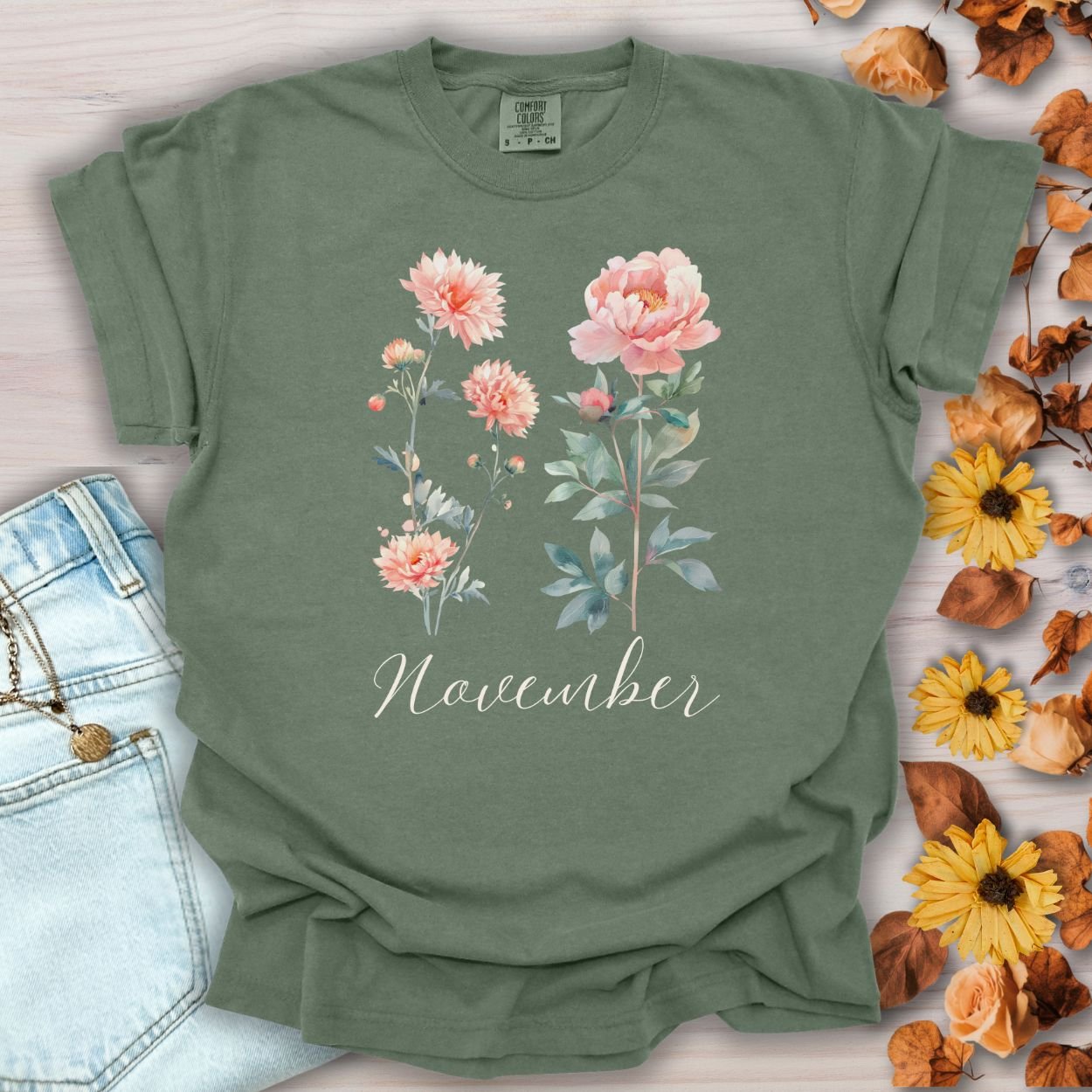 November Birth Month Flower T-Shirt — Chrysanthemum & Peony