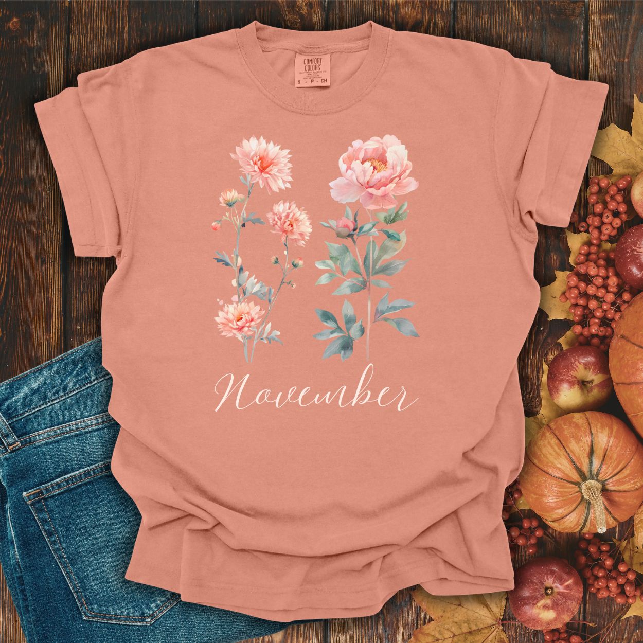 November Birth Month Flower T-Shirt — Chrysanthemum & Peony