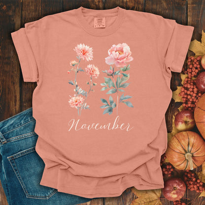 November Birth Month Flower T-Shirt — Chrysanthemum & Peony