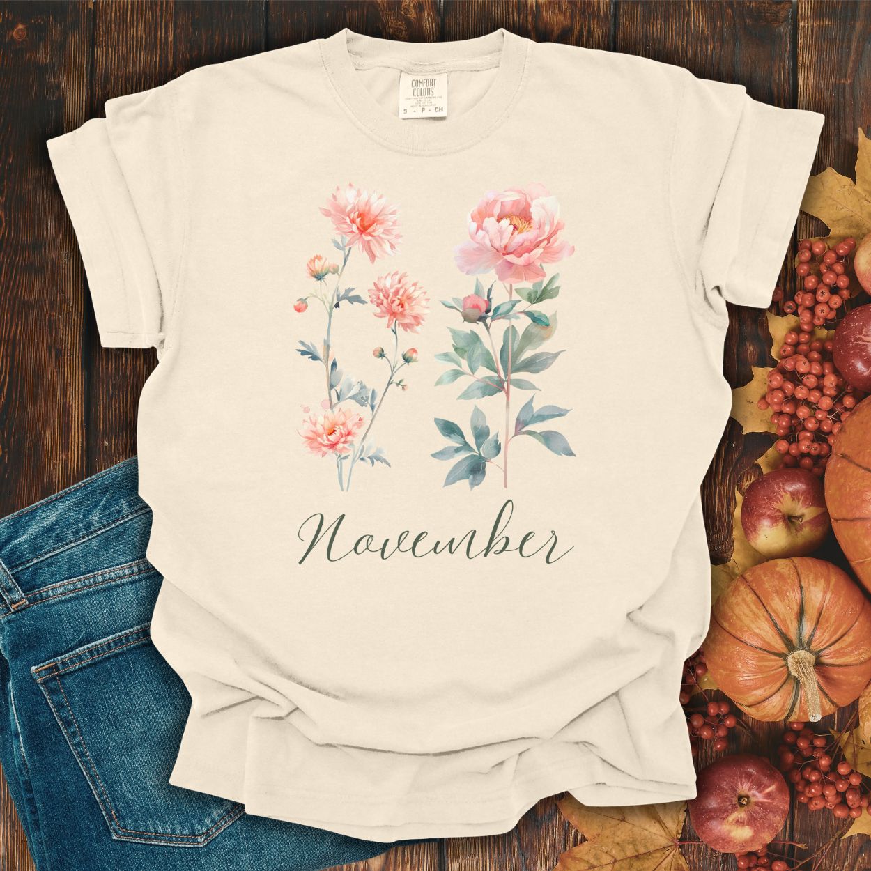 November Birth Month Flower T-Shirt — Chrysanthemum & Peony