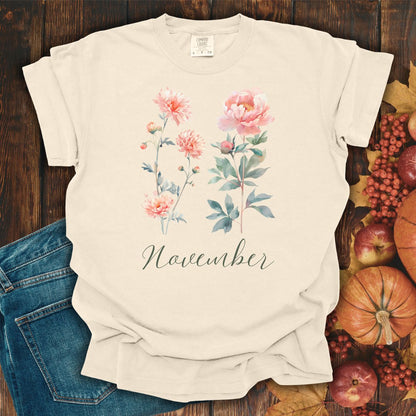 November Birth Month Flower T-Shirt — Chrysanthemum & Peony