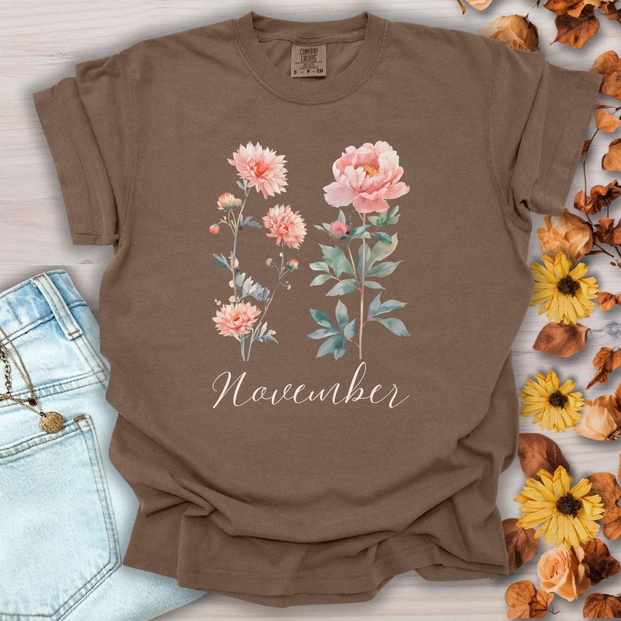 November Birth Month Flower T-Shirt — Chrysanthemum & Peony