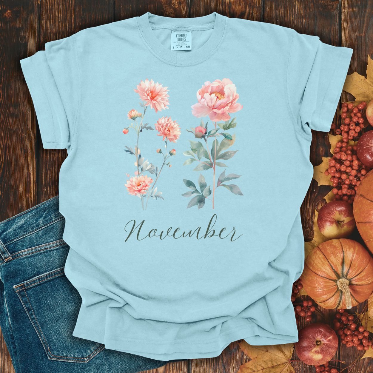 November Birth Month Flower T-Shirt — Chrysanthemum & Peony