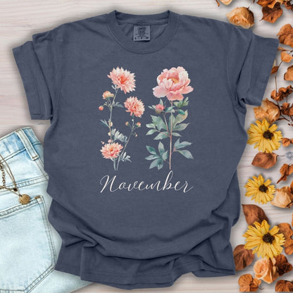 November Birth Month Flower T-Shirt — Chrysanthemum & Peony