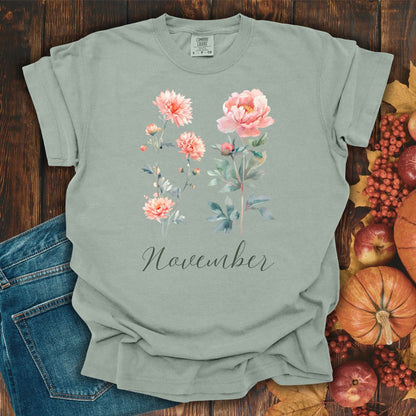 November Birth Month Flower T-Shirt — Chrysanthemum & Peony