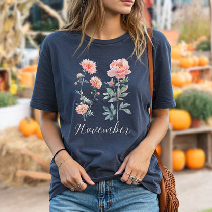 November Birth Month Flower T-Shirt — Chrysanthemum & Peony
