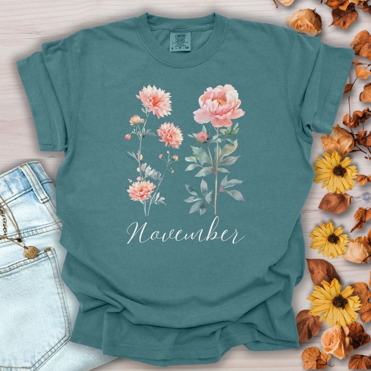 November Birth Month Flower T-Shirt — Chrysanthemum & Peony