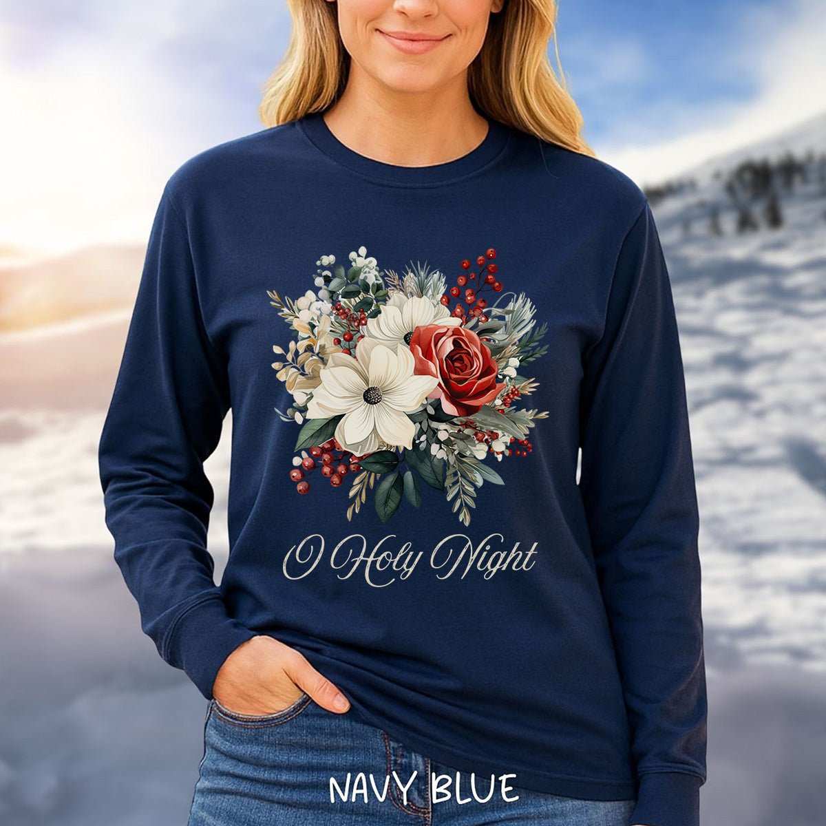 O Holy Night Christmas Floral Long Sleeve Tee