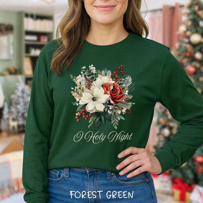 O Holy Night Christmas Floral Long Sleeve Tee