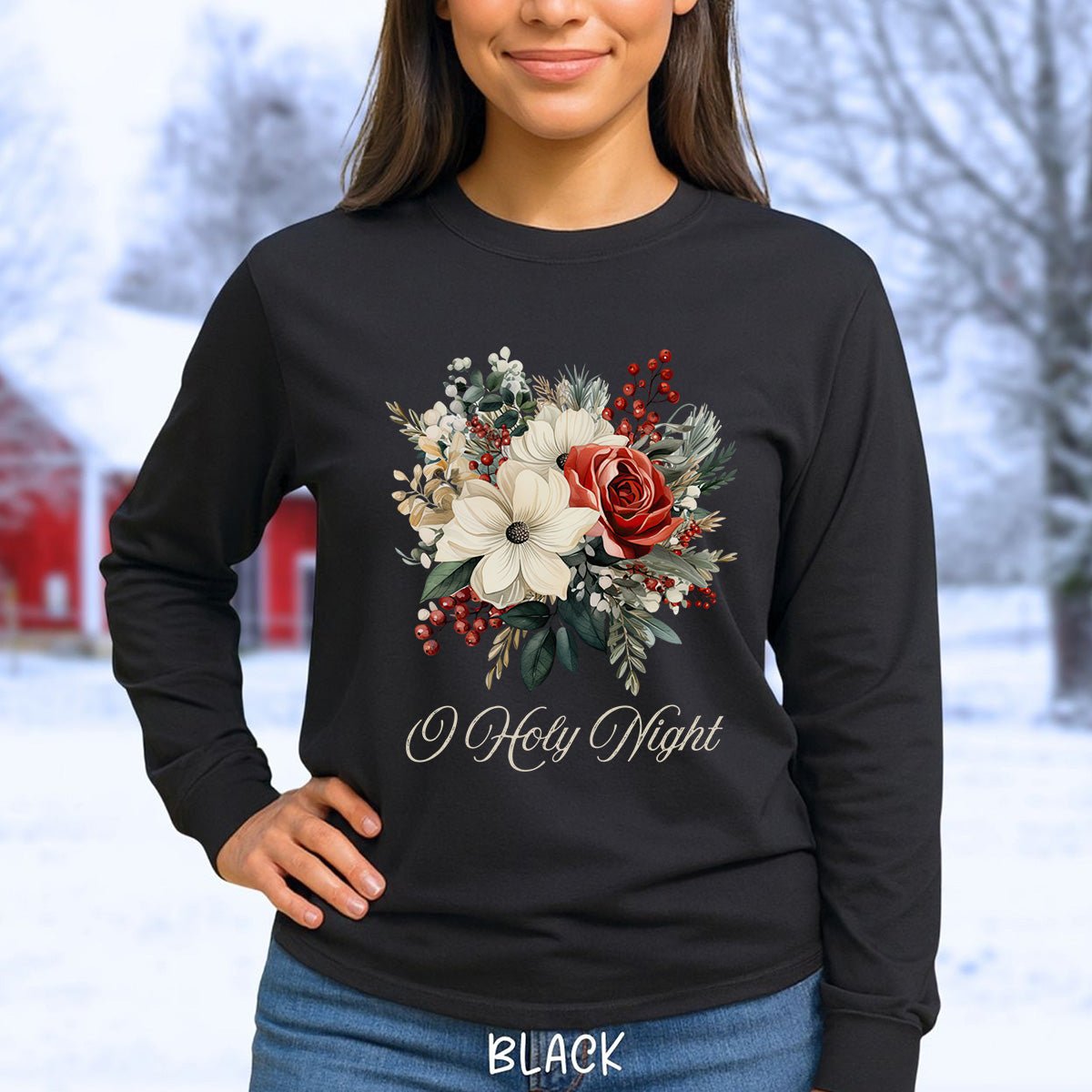 O Holy Night Christmas Floral Long Sleeve Tee
