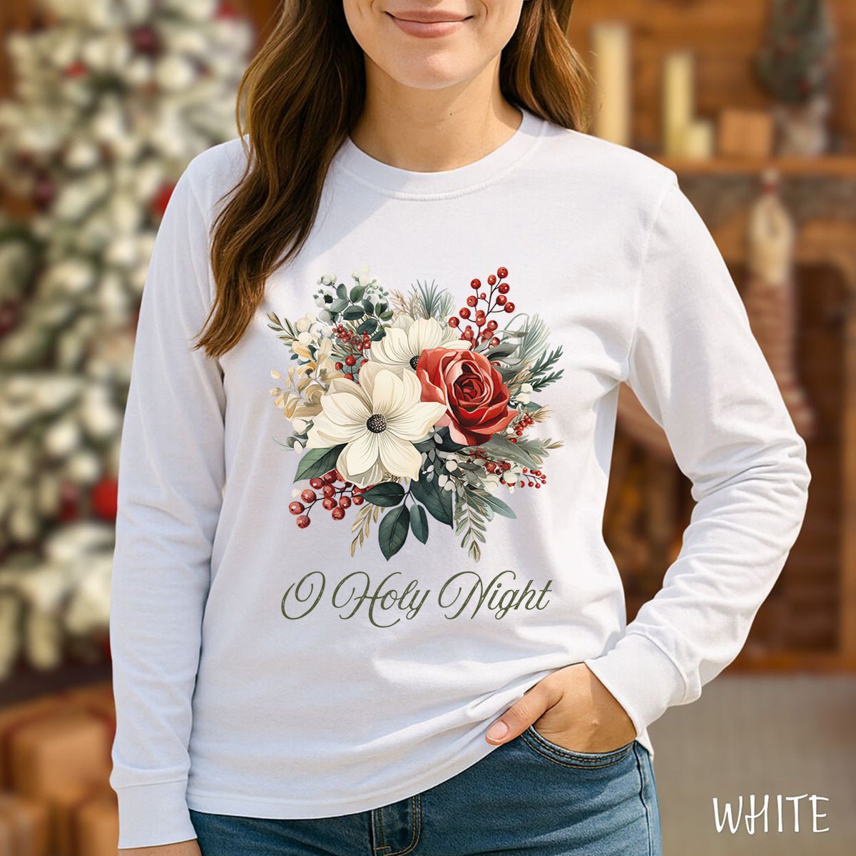 O Holy Night Christmas Floral Long Sleeve Tee