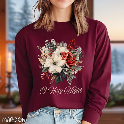 O Holy Night Christmas Floral Long Sleeve Tee