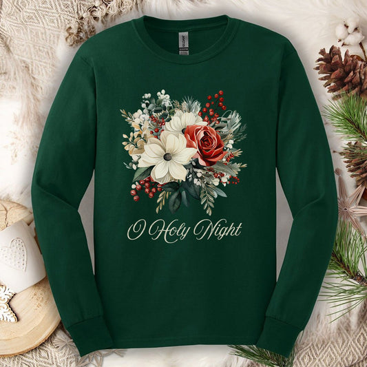 O Holy Night Christmas Floral Long Sleeve Tee