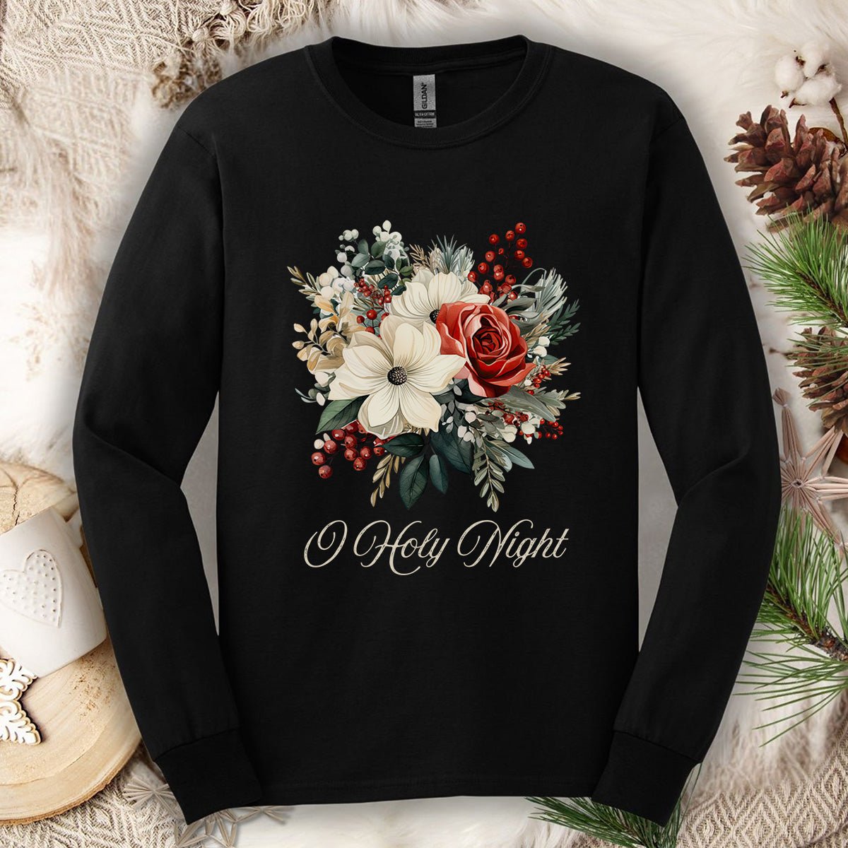 O Holy Night Christmas Floral Long Sleeve Tee