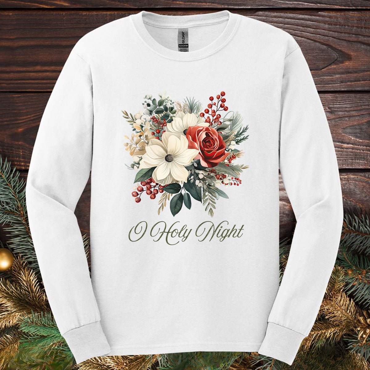 O Holy Night Christmas Floral Long Sleeve Tee
