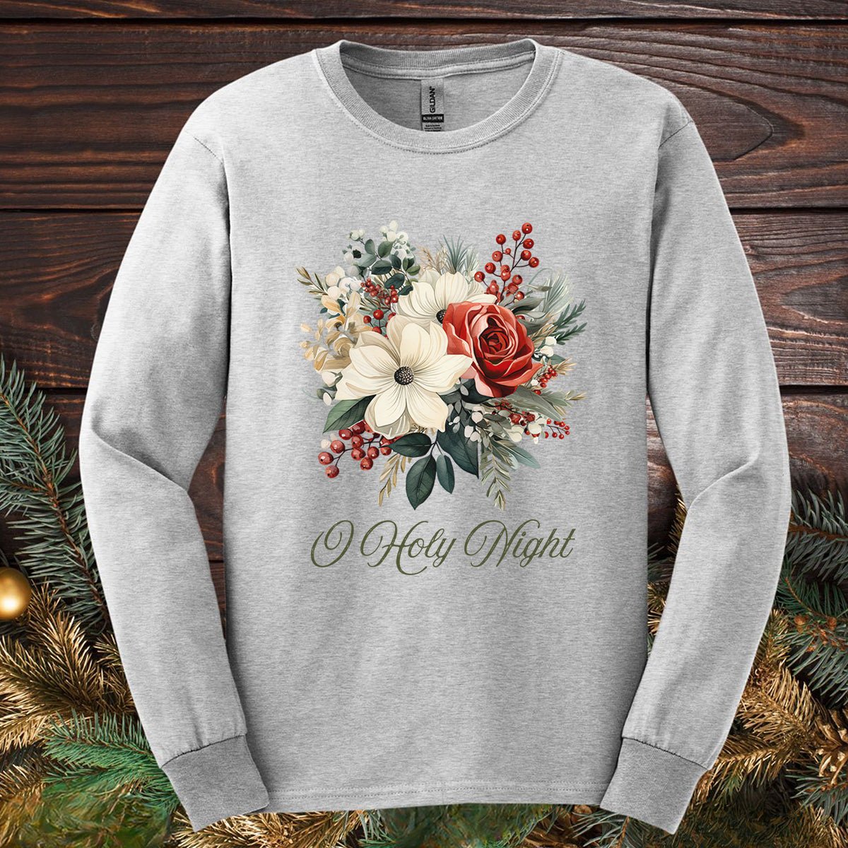 O Holy Night Christmas Floral Long Sleeve Tee