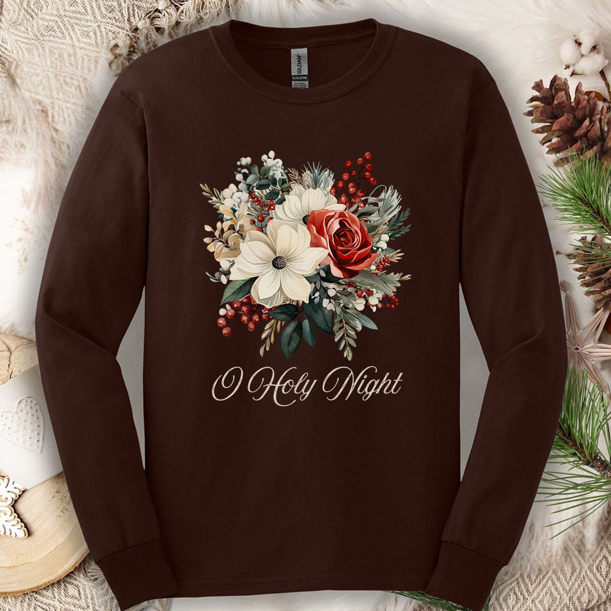 O Holy Night Christmas Floral Long Sleeve Tee