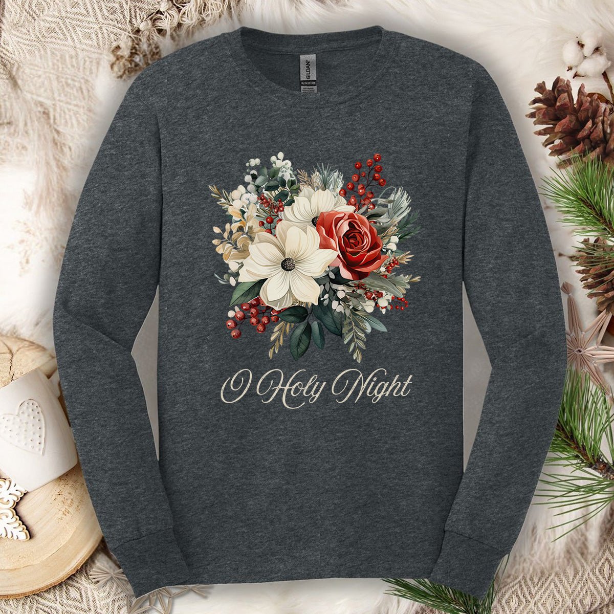 O Holy Night Christmas Floral Long Sleeve Tee