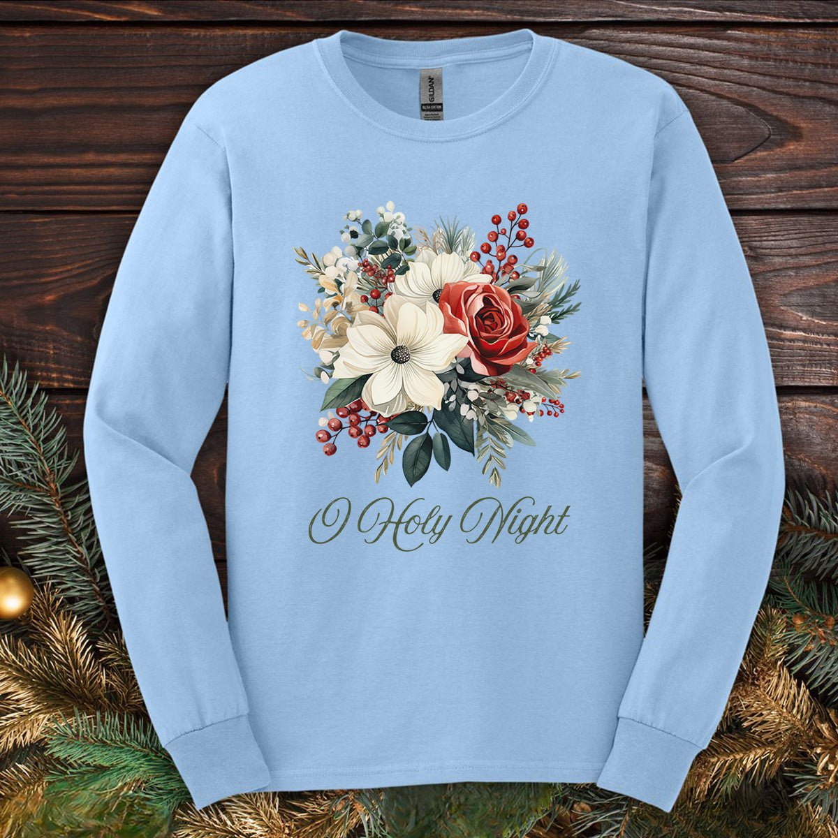 O Holy Night Christmas Floral Long Sleeve Tee