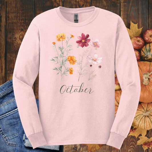 October Birth Month Flower Long Sleeve Tee - Marigold & Cosmos
