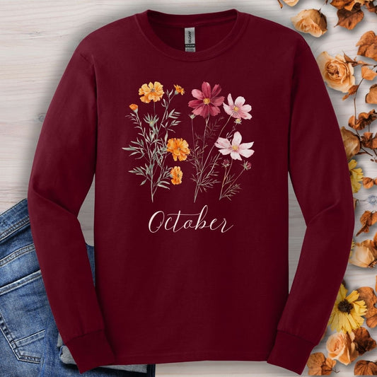 October Birth Month Flower Long Sleeve Tee - Marigold & Cosmos
