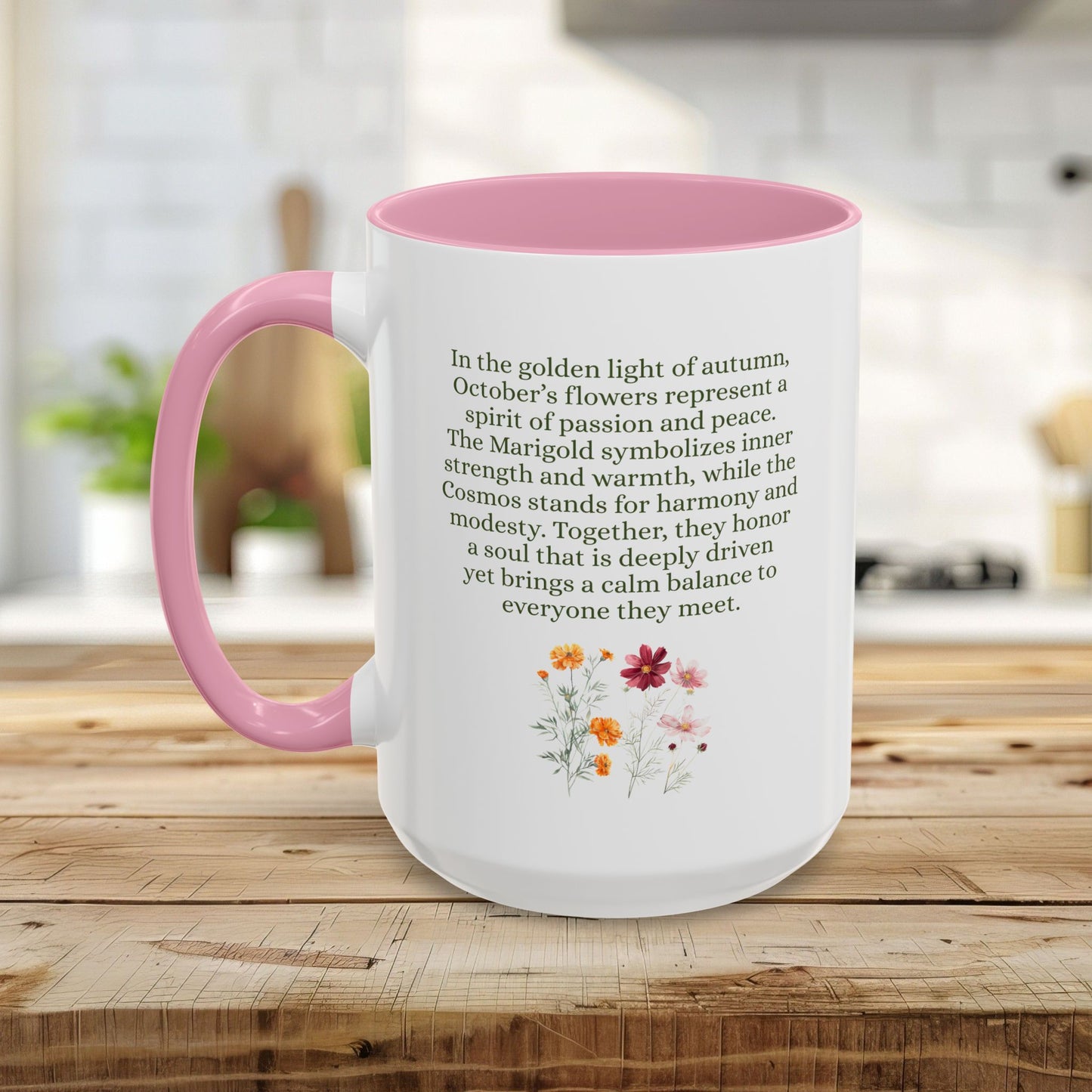 White ceramic mug with pink handle and interior, featuring October birth month flower art and text.