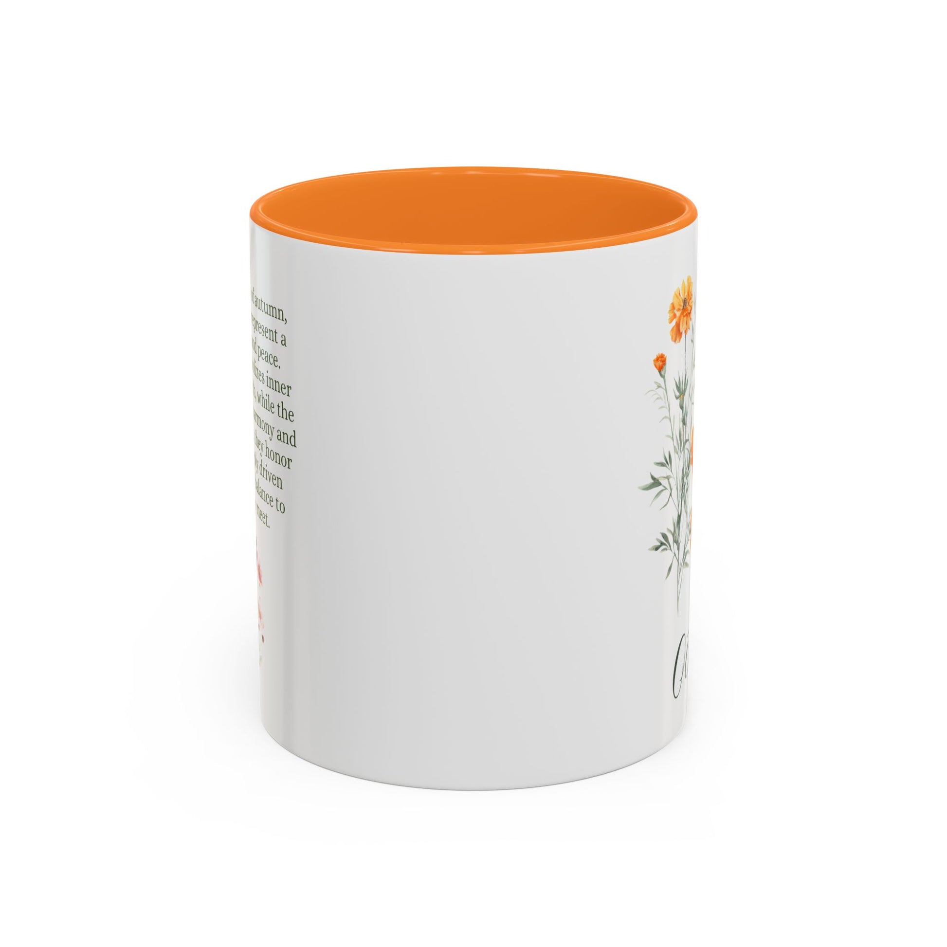 White ceramic mug with orange interior and handle, featuring a watercolor cosmos and marigold floral design.