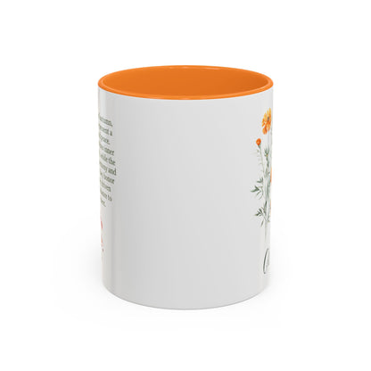 White ceramic mug with orange interior and handle, featuring a watercolor cosmos and marigold floral design.