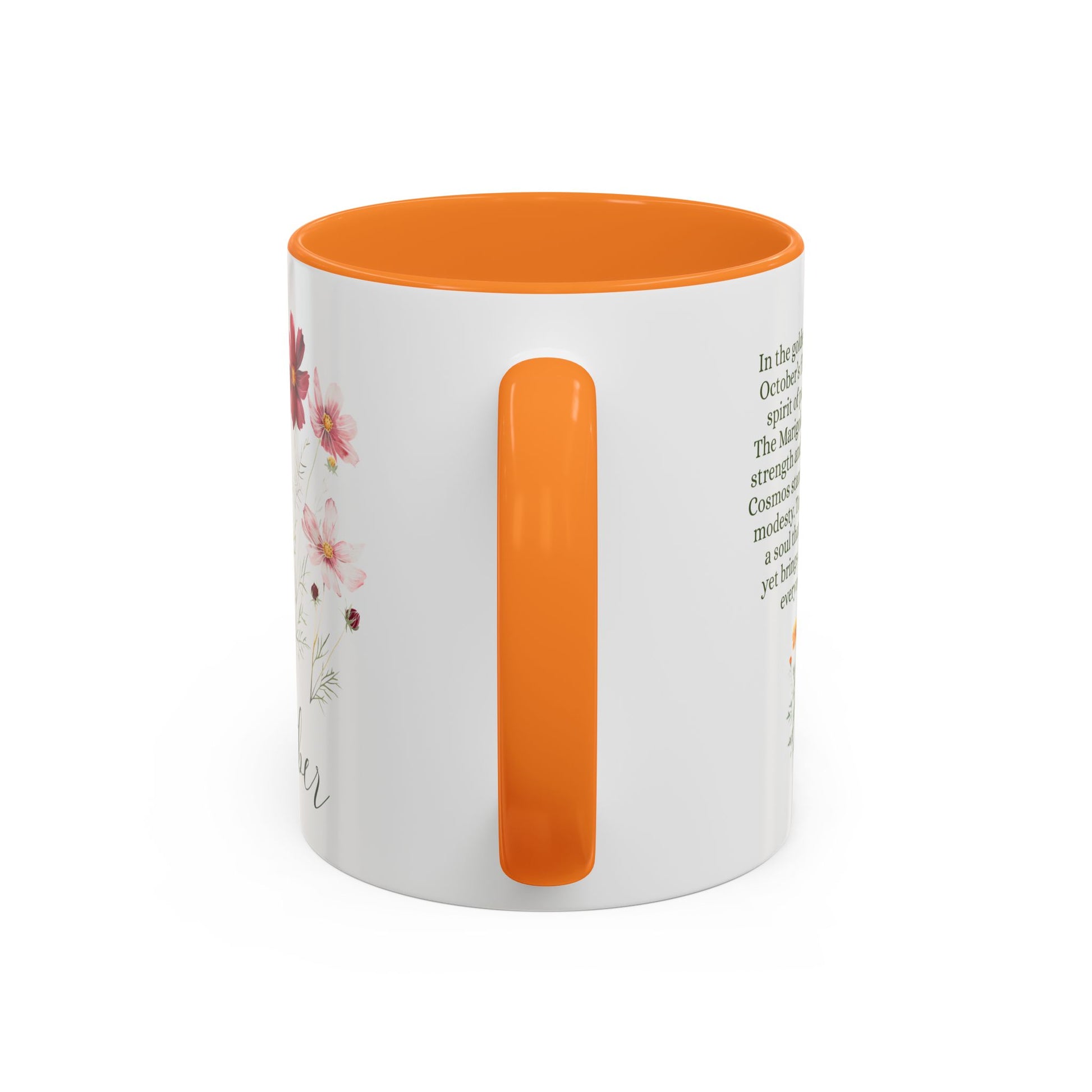 White ceramic mug with orange handle and interior, featuring a watercolor cosmos and marigold floral design.