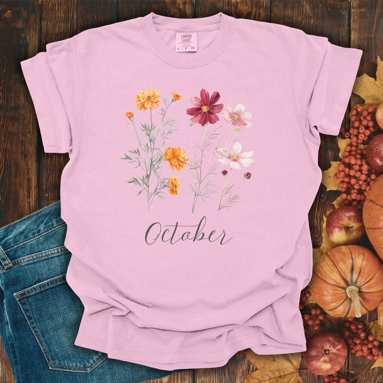 October Birth Month Flower T-Shirt — Cosmos & Marigold