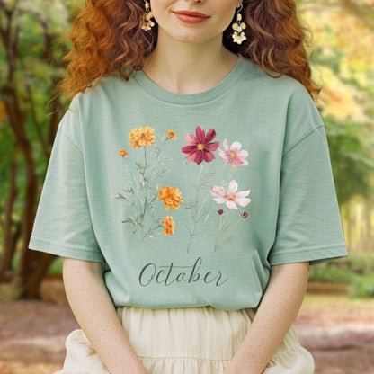October Birth Month Flower T-Shirt — Cosmos & Marigold