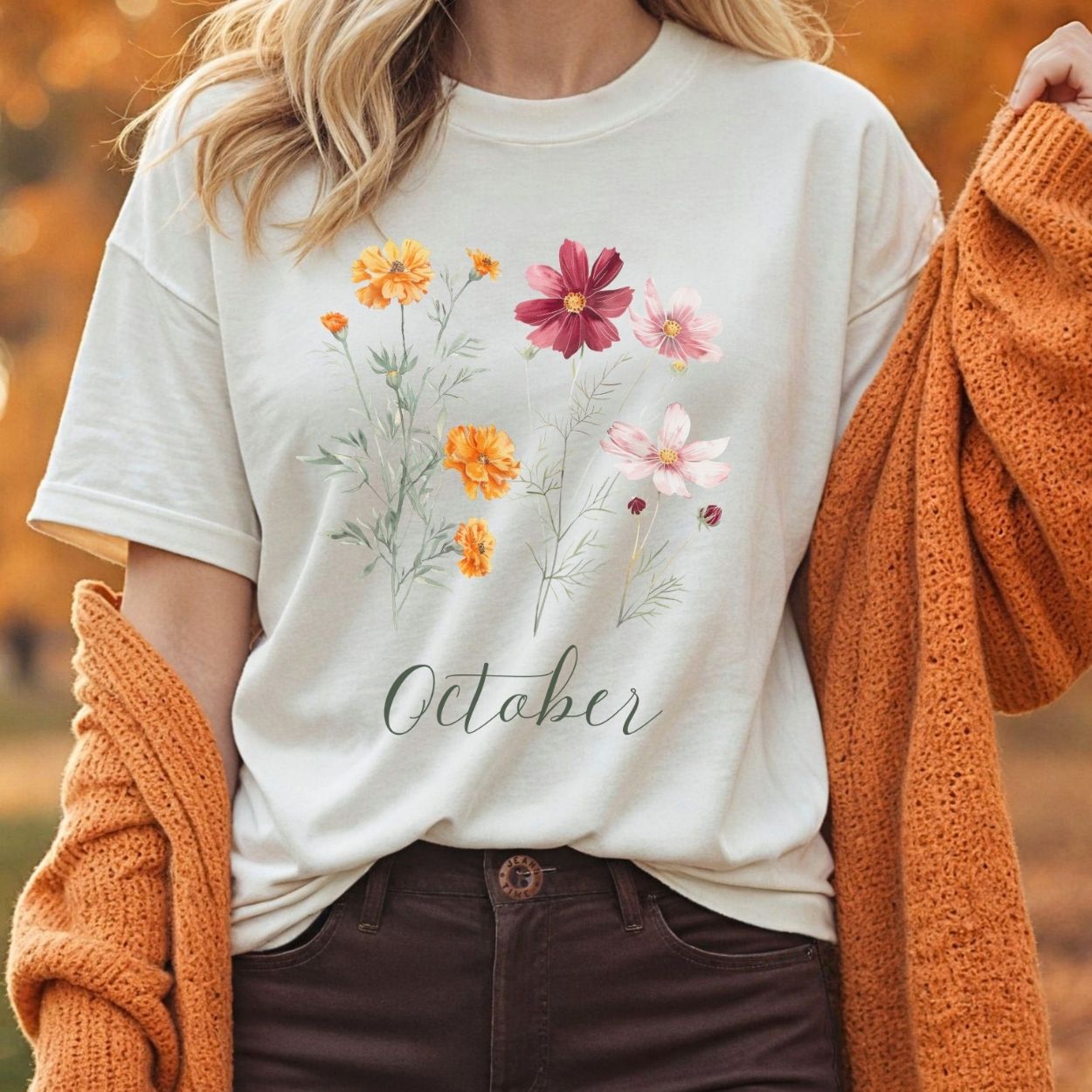October Birth Month Flower T-Shirt — Cosmos & Marigold