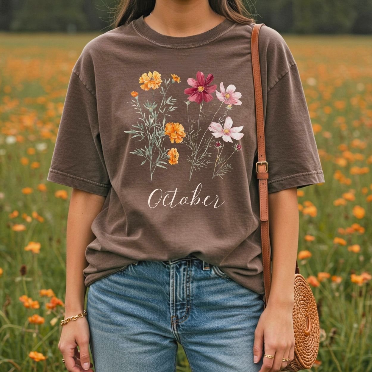 October Birth Month Flower T-Shirt — Cosmos & Marigold