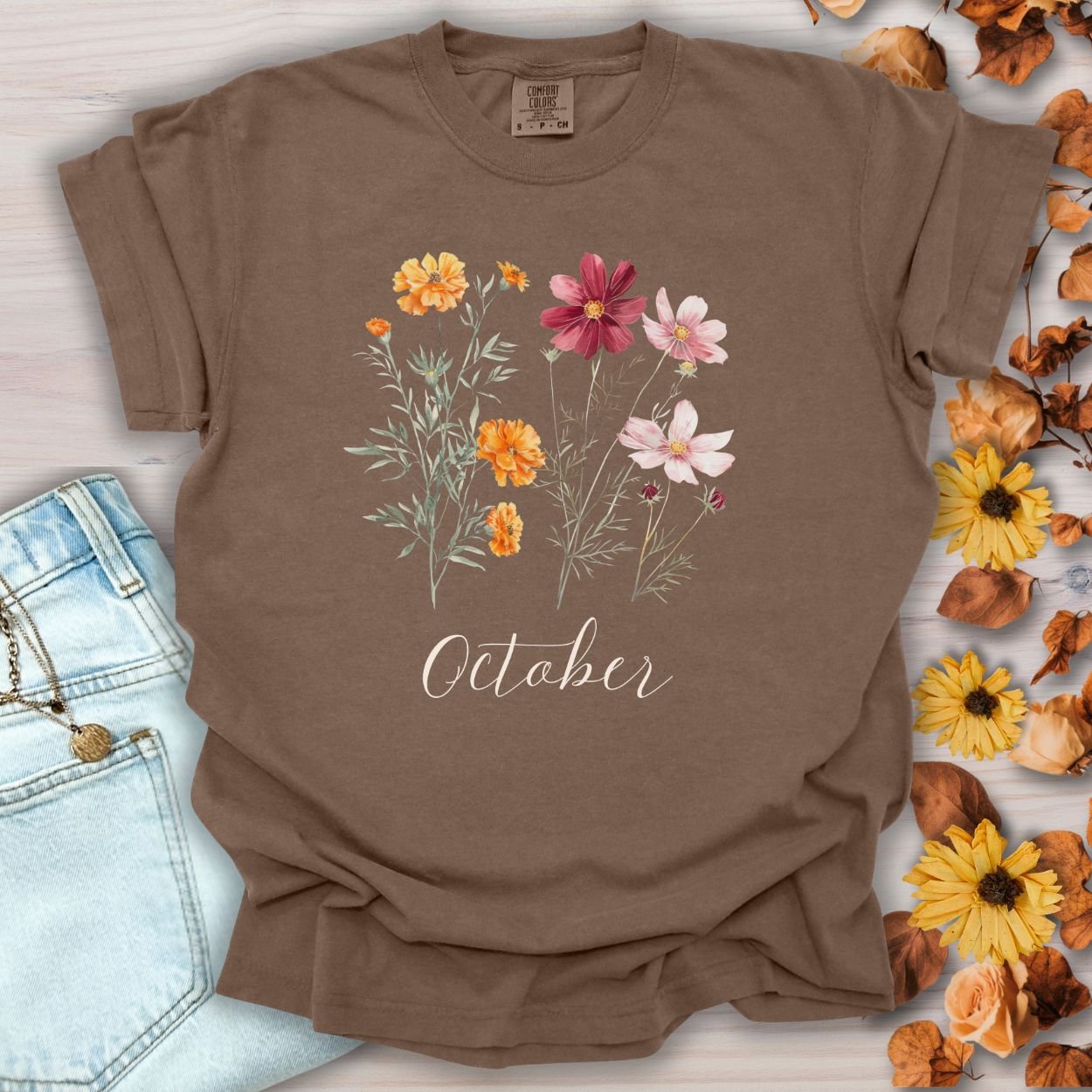 October Birth Month Flower T-Shirt — Cosmos & Marigold