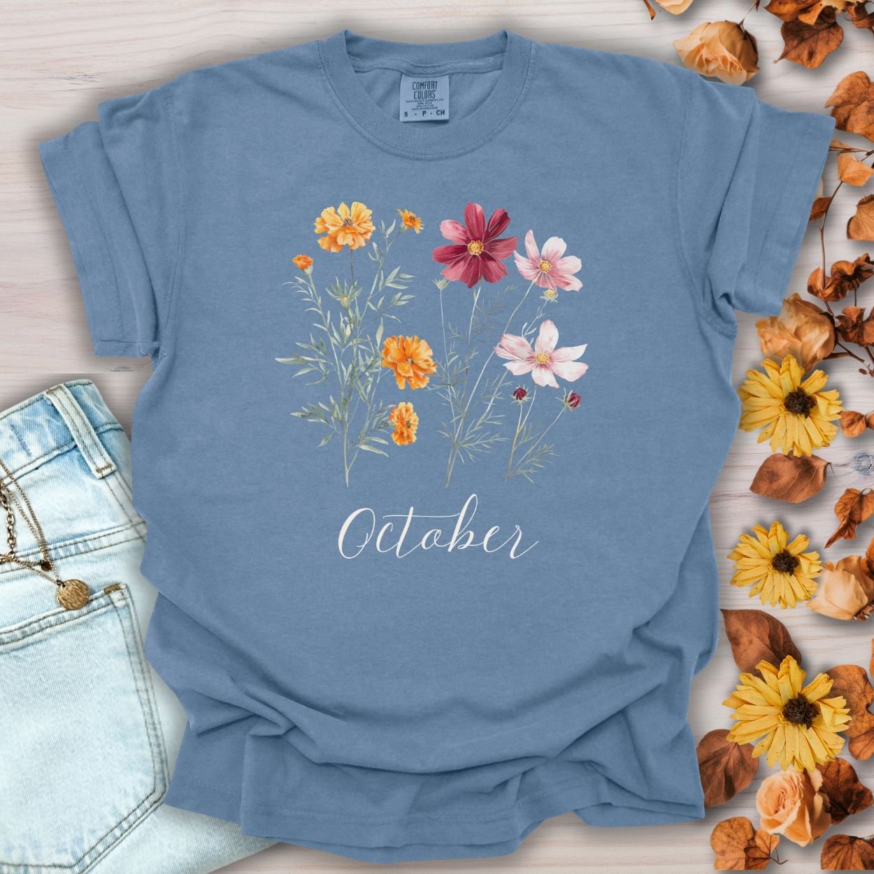 October Birth Month Flower T-Shirt — Cosmos & Marigold