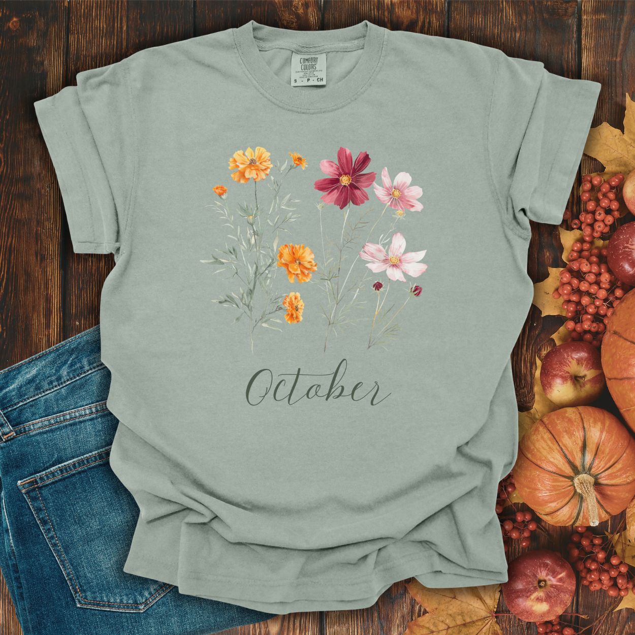 October Birth Month Flower T-Shirt — Cosmos & Marigold